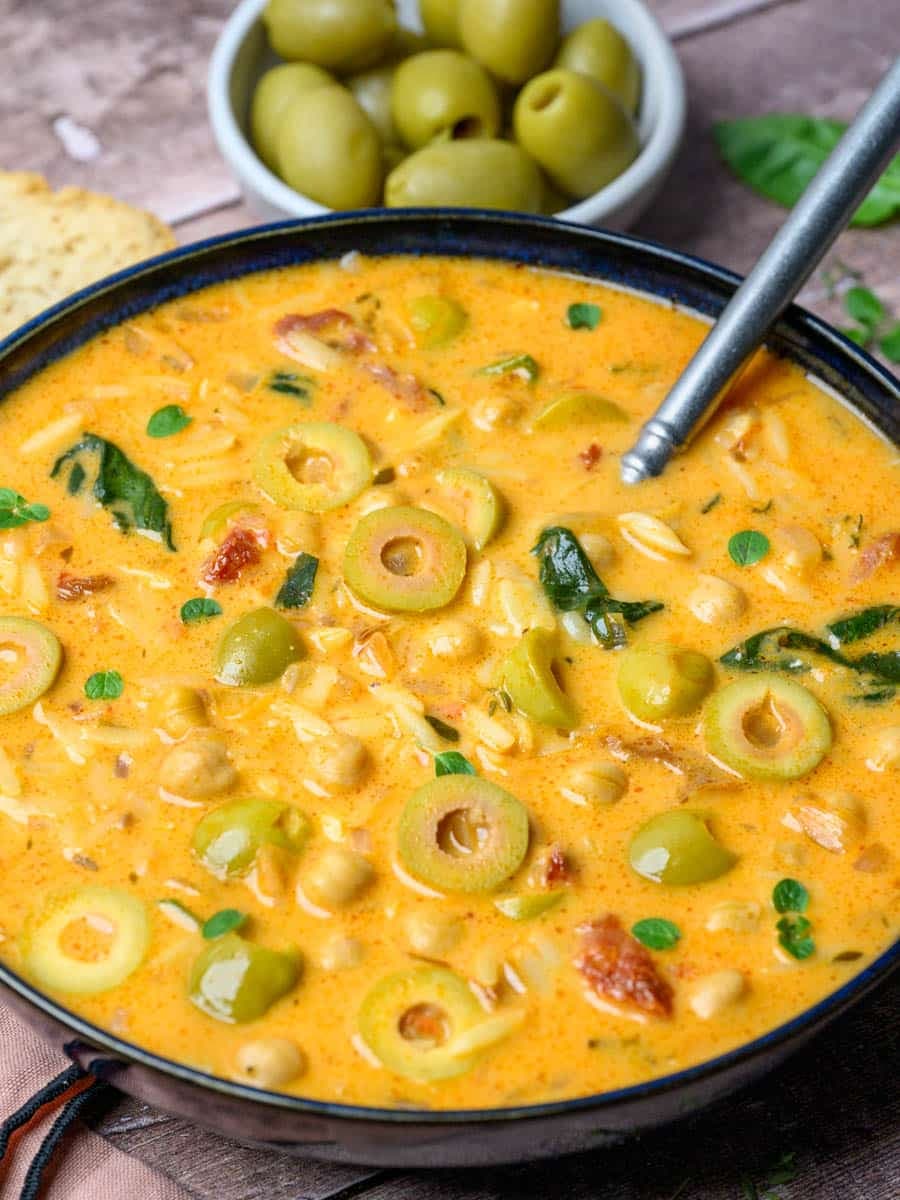 Green Olive Soup with Orzo and Chickpeas