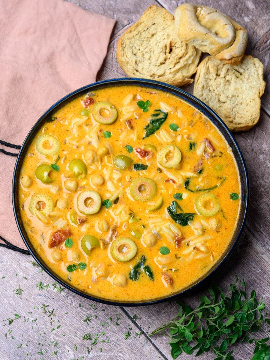 Green Olive Soup with Orzo and Chickpeas